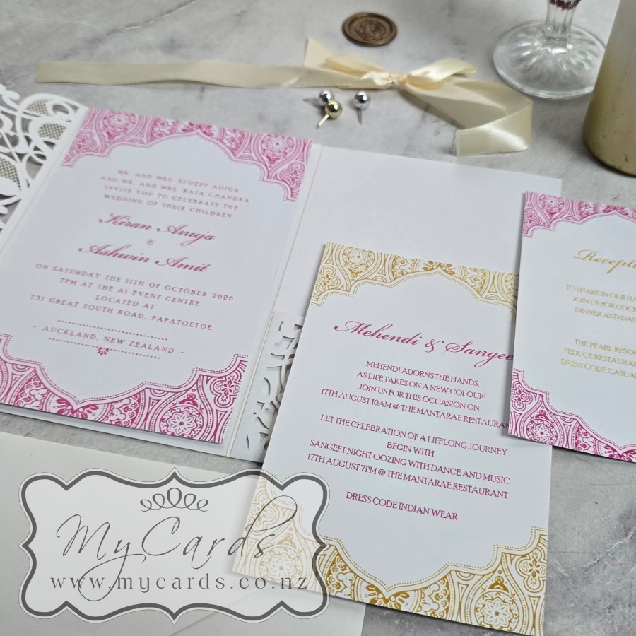 Indian Pink Gold with Laser Cover 3 piece pocketfold 970 various mycards auckland nz compare