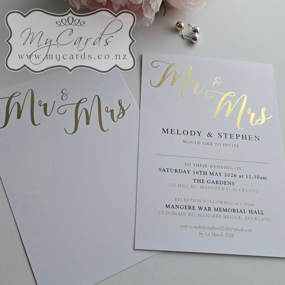 mr mrs gold foil wedding invitation shell nz auckland mycards printed